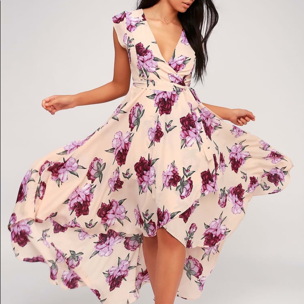 French countryside blush floral print high low dress